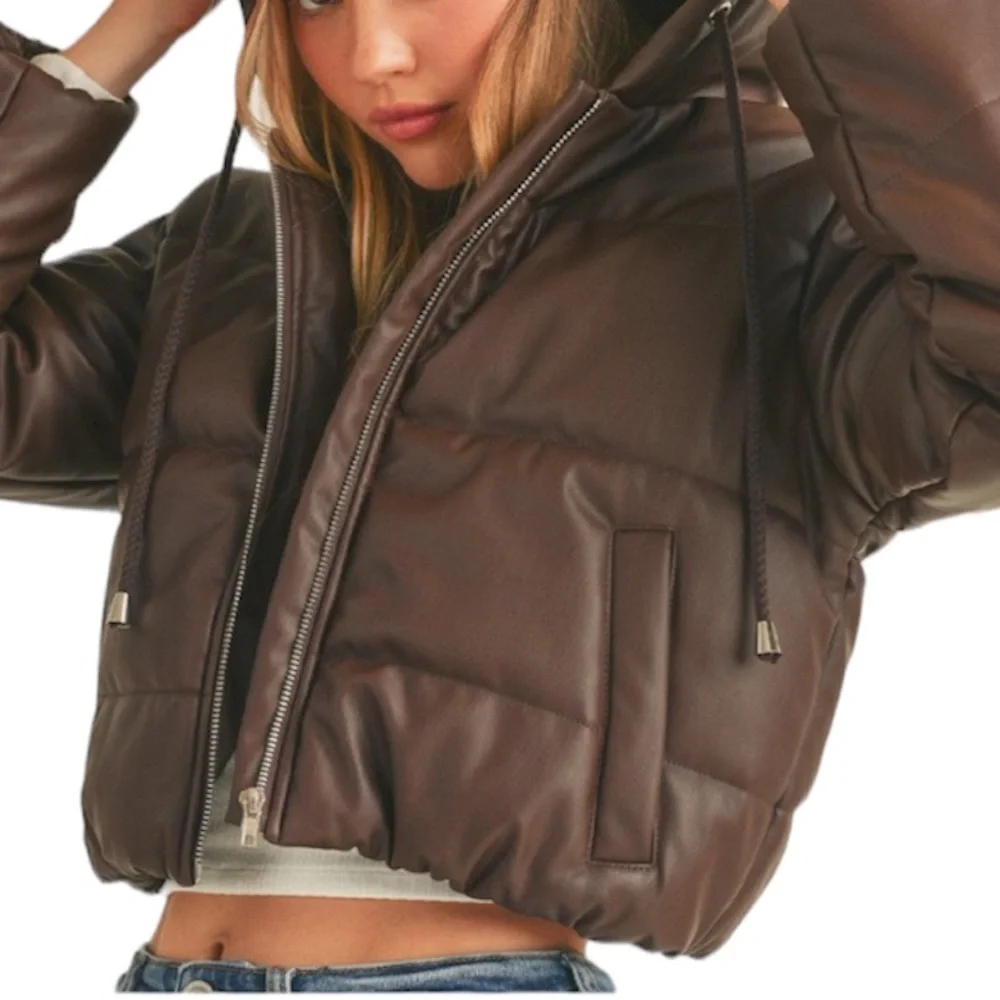 FAUX LEATHER HOODED PUFFER JACKET - COFFEE - Picture 3 of 4